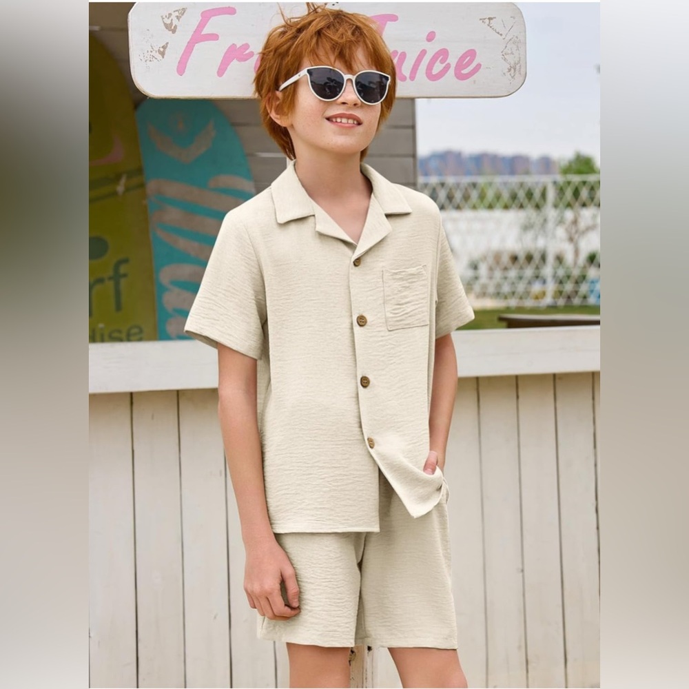 Kids Beige Button-Up Shirt and Shorts Set